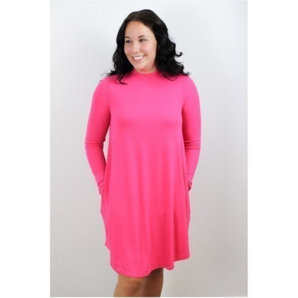 Long Sleeve Mock Neck Mini Dress - Hot Pink - Picture 2 of 4
